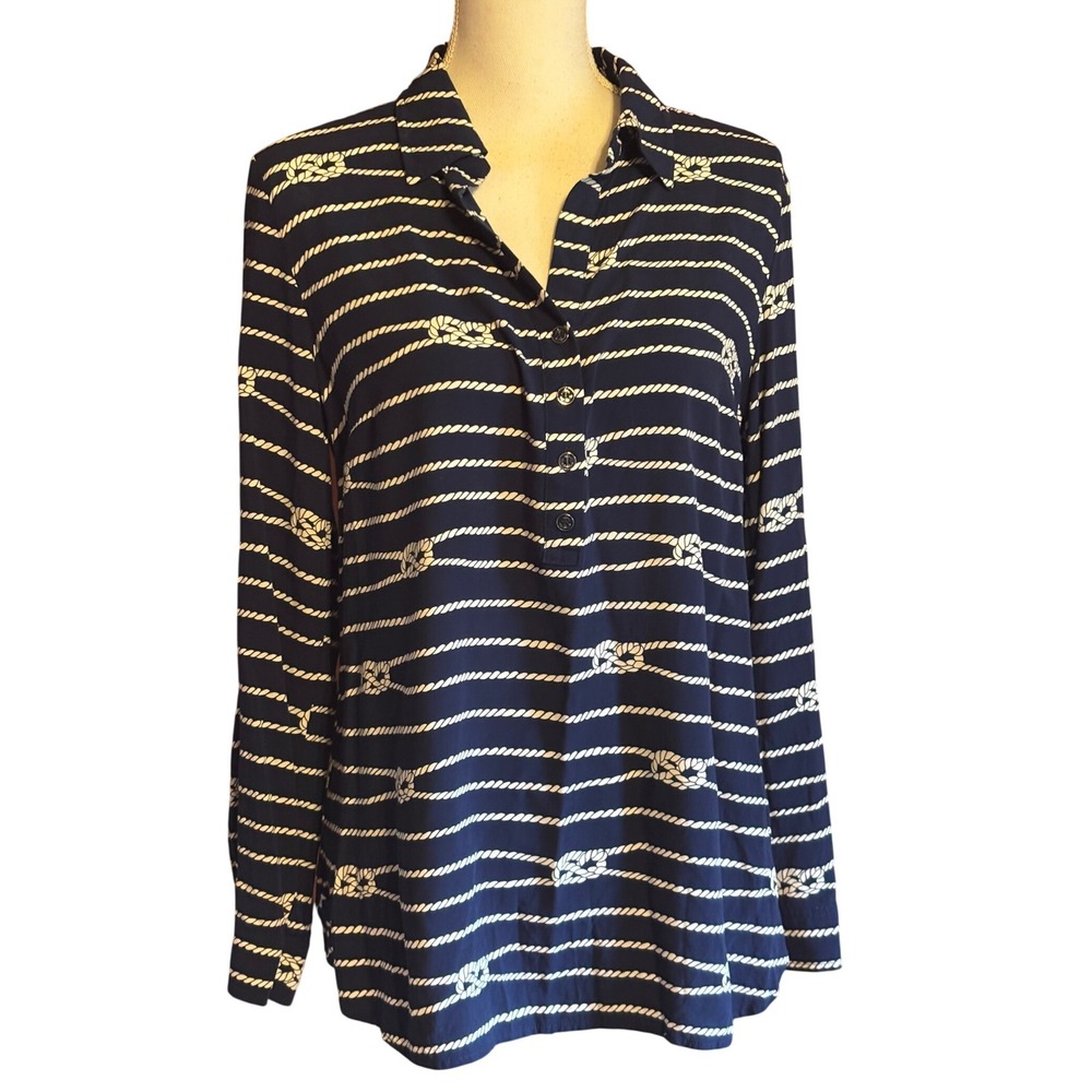 Talbots Navy Blue White Nautical Rope Knot Top, Medium, preppy, coastal, classic